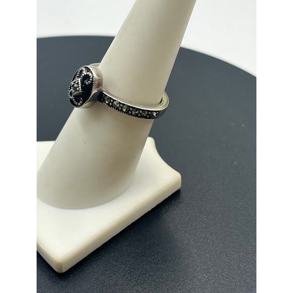 Vintage Sterling Silver Oval Black Onyx Marcasite Art Deco Statement Ring 7.25 - Picture 3 of 10